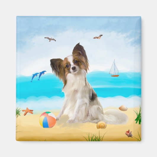 Papillon Dog op strand Magneet (Voorkant)