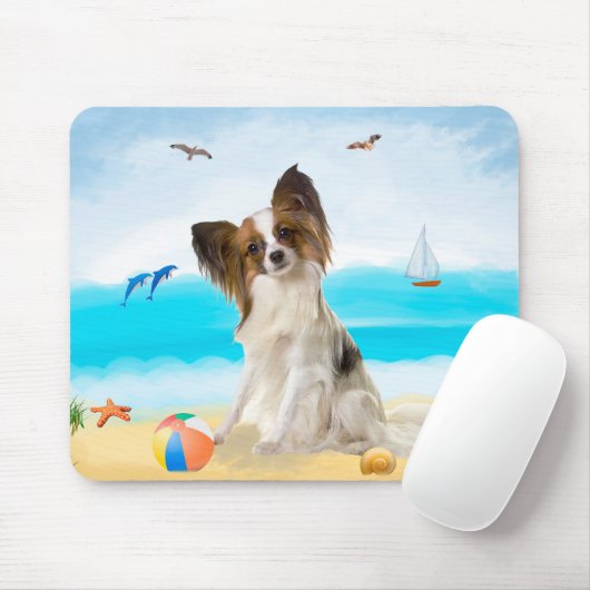Papillon Dog op strand Muismat (Met muis)