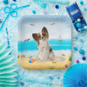 Papillon Dog op strand Papieren Bordje (Feest)