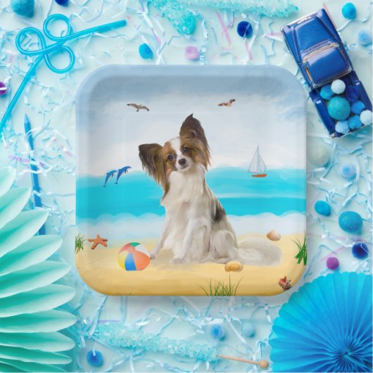 Papillon Dog op strand Papieren Bordje (Feest)