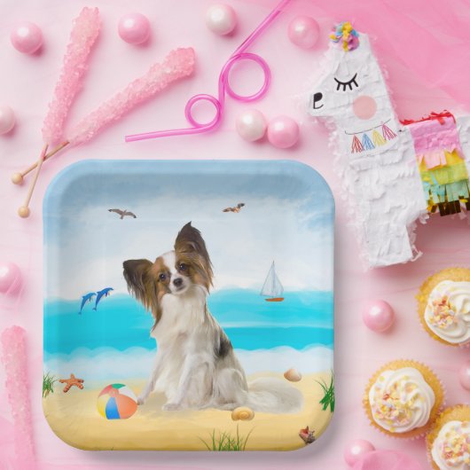 Papillon Dog op strand Papieren Bordje (Feest)