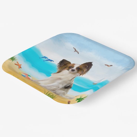 Papillon Dog op strand Papieren Bordje (Gebogen)