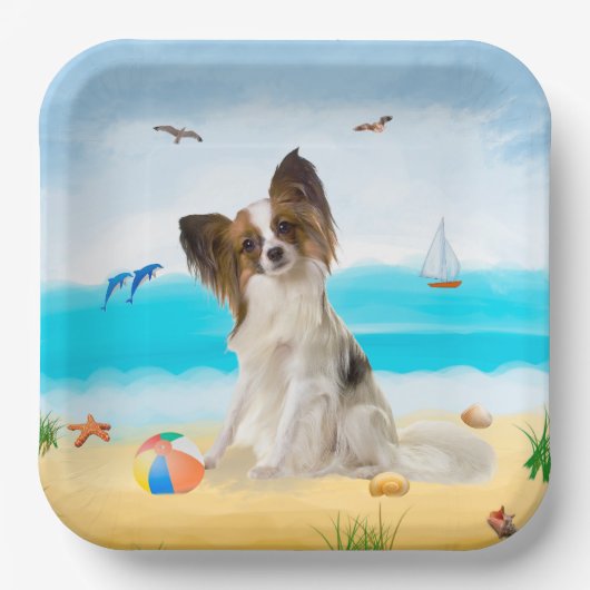 Papillon Dog op strand Papieren Bordje (Voorkant)