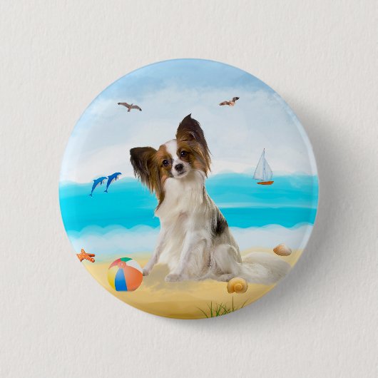Papillon Dog op strand Ronde Button 5,7 Cm (Voorkant)