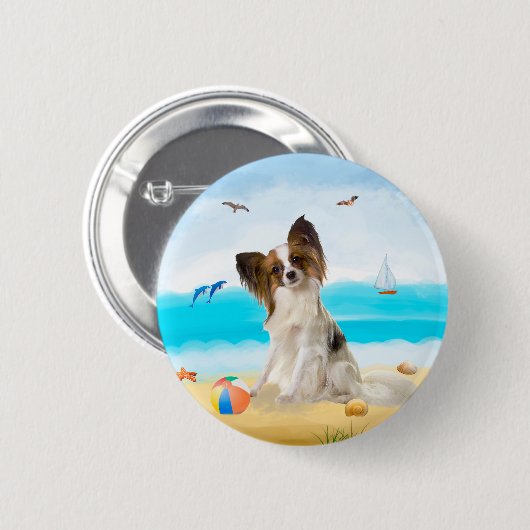 Papillon Dog op strand Ronde Button 5,7 Cm (Voorkant /achterkant)