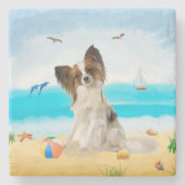 Papillon Dog op strand Stenen Onderzetter (Voorkant)
