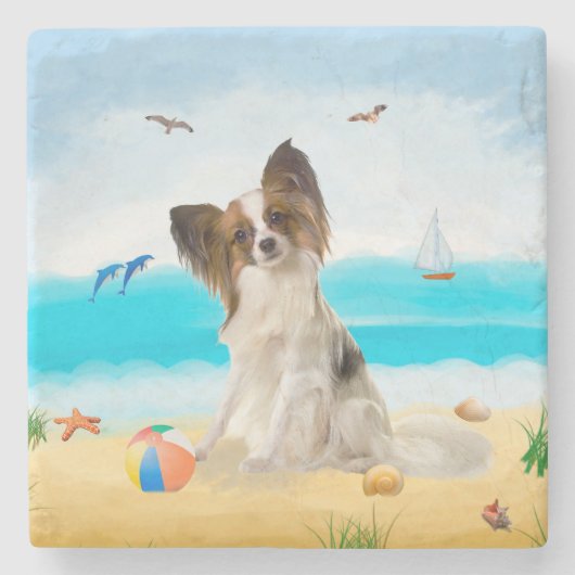 Papillon Dog op strand Stenen Onderzetter (Voorkant)