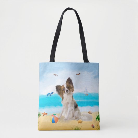 Papillon Dog op strand Tote Bag (Voorkant)