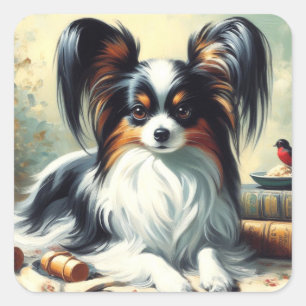  Papillon Dog Painting Vierkante Sticker