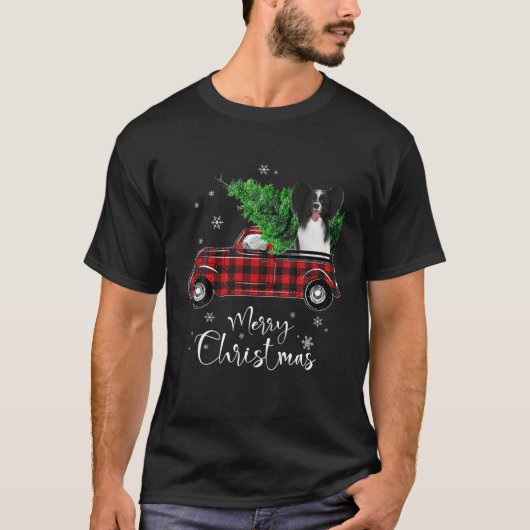 Papillon Dog Ride Red Truck Kerstmis Funny Dog T-shirt (Voorkant)