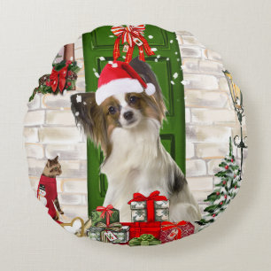 Papillon Dog-Sierkussen voor kerstmis Rond Kussen