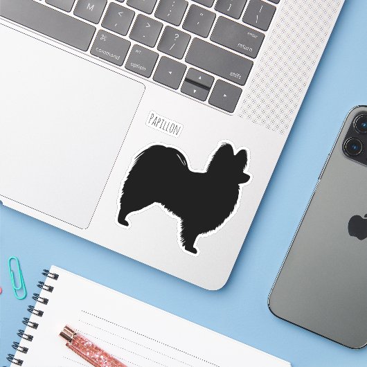 Papillon Dog Silhouet Vinyl Sticker (Laptop met iPhone)
