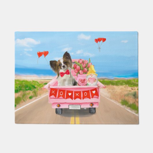 Papillon Dog Valentijnsdag Truck Hearts Deurmat (Voorkant)