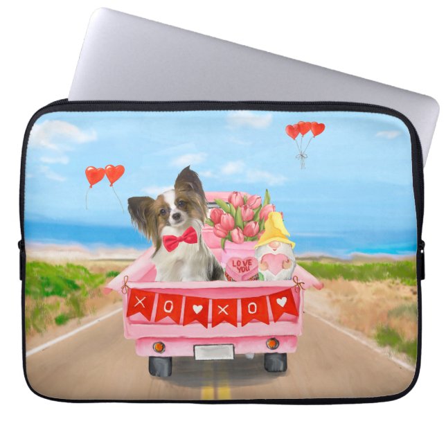 Papillon Dog Valentijnsdag Truck Hearts Laptop Sleeve (Voorkant)