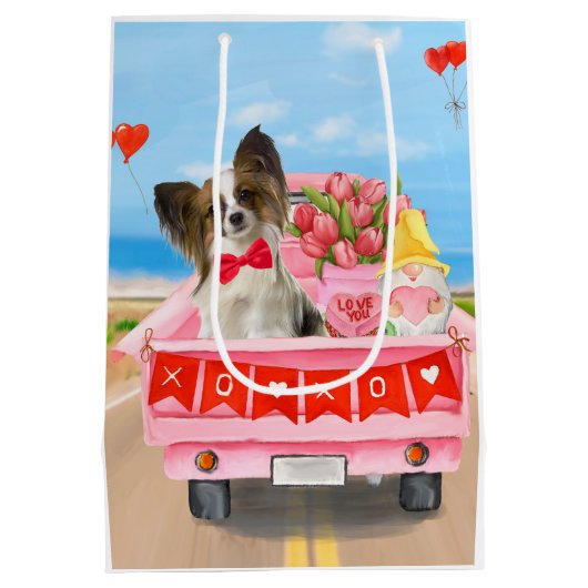 Papillon Dog Valentijnsdag Truck Hearts Medium Cadeauzakje (Achterkant)