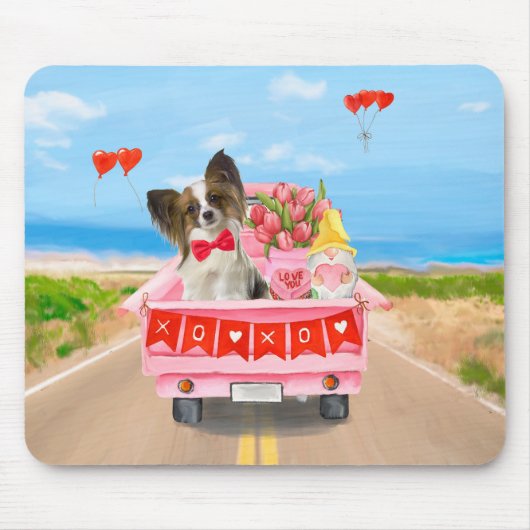 Papillon Dog Valentijnsdag Truck Hearts Muismat (Voorkant)
