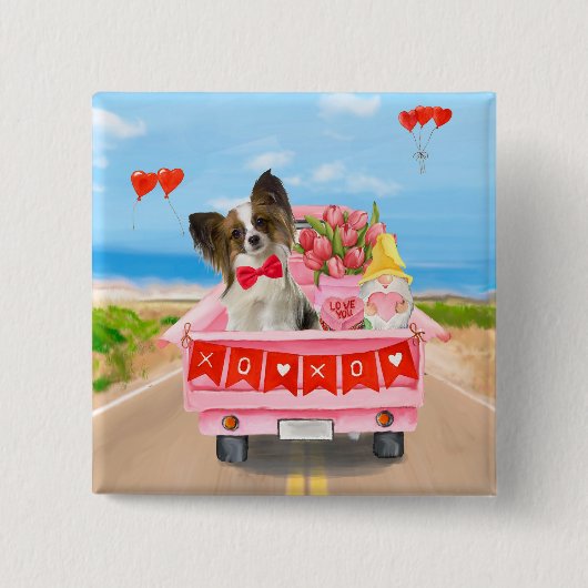 Papillon Dog Valentijnsdag Truck Hearts Vierkante Button 5,1 Cm (Voorkant)