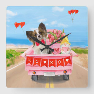 Papillon Dog Valentijnsdag Truck Hearts Vierkante Klok