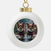 Papillon Dogs Christmas Snow Holiday Keramische Bal Ornament (Voorkant)