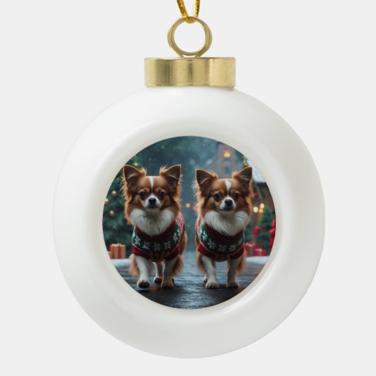 Papillon Dogs Christmas Snow Holiday Keramische Bal Ornament (Voorkant)