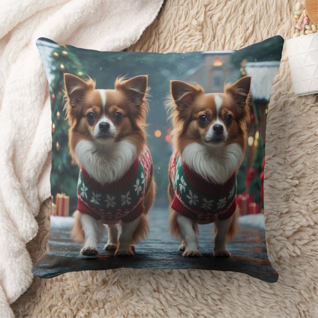 Papillon Dogs Christmas Snow Holiday Kussen (Deken)