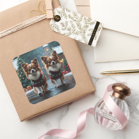 Papillon Dogs Christmas Snow Holiday Vierkante Sticker (Geschenken)
