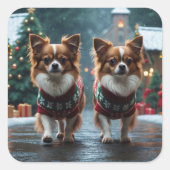 Papillon Dogs Christmas Snow Holiday Vierkante Sticker (Voorkant)