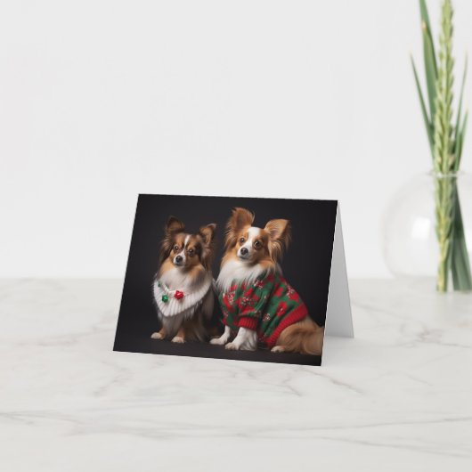 Papillon Dogs in Kersttruien Kaart (Voorkant)