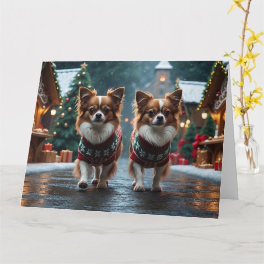 Papillon Dogs Kerstmis Sneeuw Vakantie Kaart (Gele Bloem)