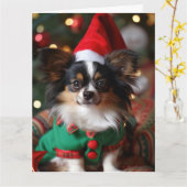 Papillon Elf Puppy Kerst Kaart (Gele Bloem)