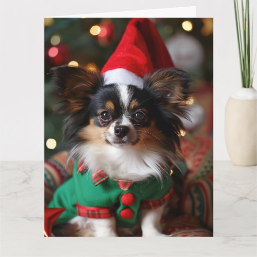 Papillon Elf Puppy Kerst Kaart (Voorkant)