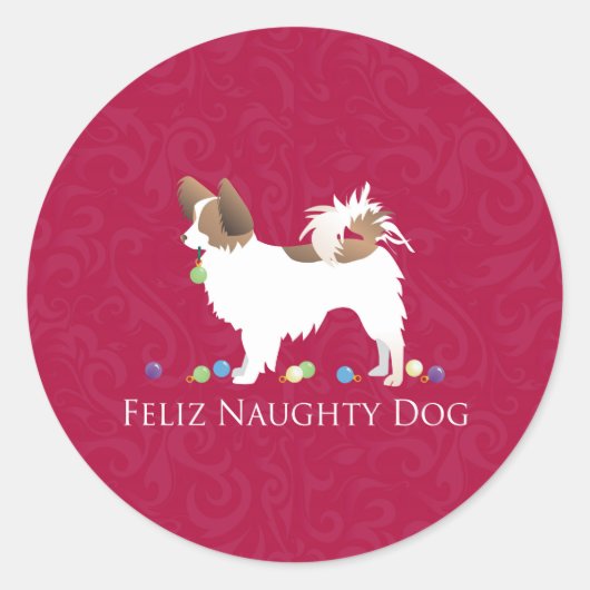 Papillon Feliz Naughty Dog Kerstmis Ronde Sticker (Voorkant)