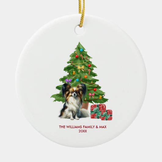 Papillon hond gepersonaliseerde kerst keramisch ornament (Voorkant)