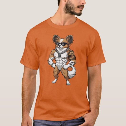 Papillon hond, gespierd, getatoeëerd, bodybuilder  t-shirt (Voorkant)