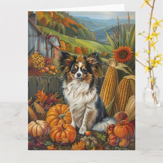 Papillon hond Herfst Oogst Thanksgiving Kaart (Gele Bloem)