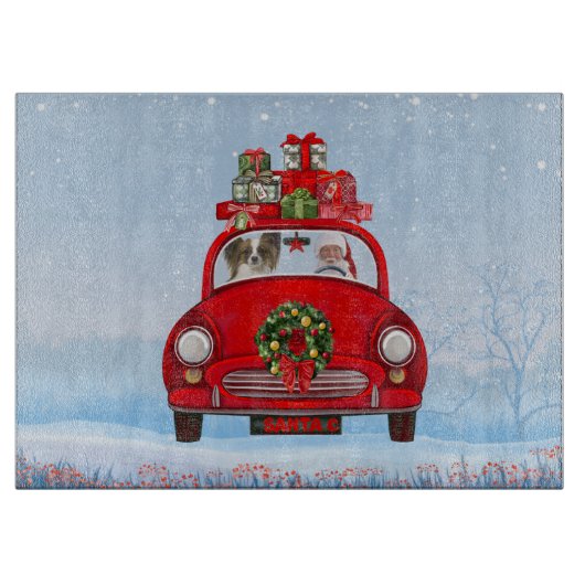 Papillon-hond in auto met kerstman snijplank (Voorkant)