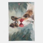 Papillon-hond in de sneeuw met Kerstmis  Theedoek (Verticaal)
