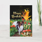 Papillon hond in een tulip tuin 97th Birthday Kaart (Voorkant)