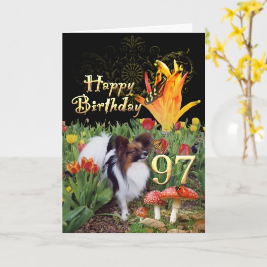 Papillon hond in een tulip tuin 97th Birthday Kaart (Gele Bloem)