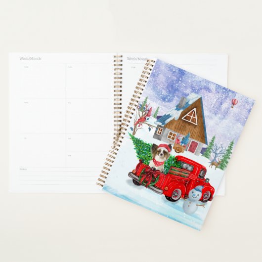 Papillon-hond in kerstbezorgingswagen sneeuw planner (Display)