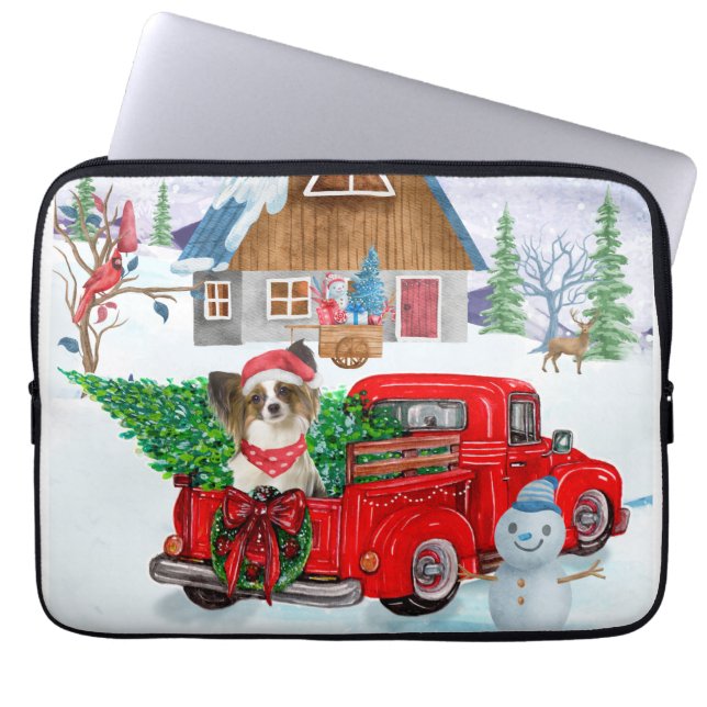Papillon-hond in kerstbezorgtruck sneeuw laptop sleeve (Voorkant)