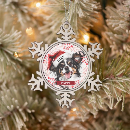 Papillon-hond in kerstmuts Kerstbal Tin Sneeuwvlok Ornament (Boom)