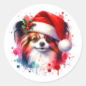 Papillon hond in Santa Hat Kerstmis Ronde Sticker (Voorkant)