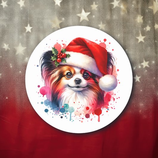 Papillon hond in Santa Hat Kerstmis Ronde Sticker