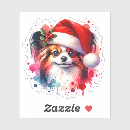 Papillon hond in Santa Hat Kerstmis Sticker (Vel)