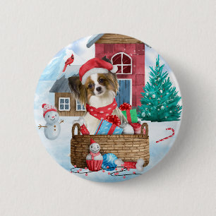 Papillon-hond in sneeuw Kersthondenhuis Ronde Button 5,7 Cm
