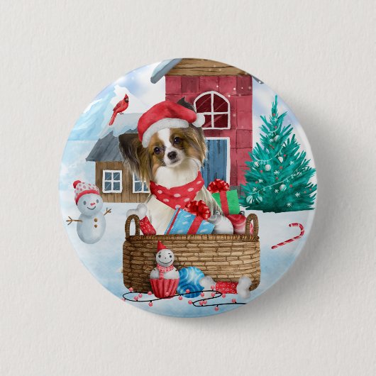 Papillon-hond in sneeuw Kersthondenhuis Ronde Button 5,7 Cm (Voorkant)