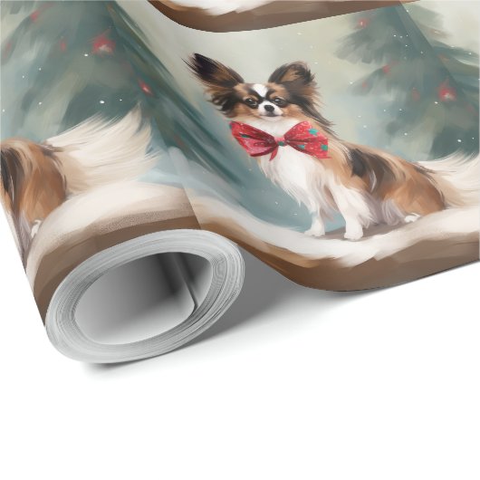 Papillon Hond in Sneeuw Kerstmis Cadeaupapier (Rol Hoek)