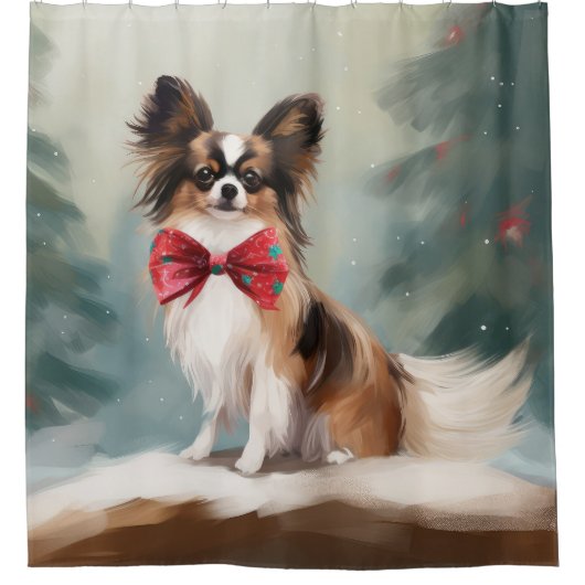 Papillon Hond in Sneeuw Kerstmis Douchegordijn (Voorkant)