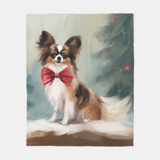 Papillon Hond in Sneeuw Kerstmis Fleece Deken (Voorkant)